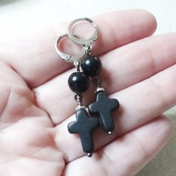 Earring + Bracelet Set! Glossy Black Stone Beads + Cross! Loss Grief Bereavement - Picture 5 of 10
